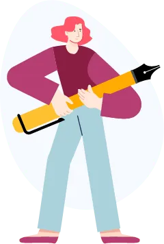 Stilisierte Illustration einer Person mit roten Haaren, die einen übergroßen Füllfederhalter wie eine Gitarre hält. Die Person trägt einen burgunderroten Pullover und hellblaue Hosen und steht in einer dynamischen Pose.