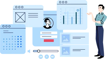 Illustration eines Geschäftsmannes neben einem Dashboard-Layout. Die Benutzeroberfläche zeigt verschiedene Analyse-Elemente wie Diagramme, Kalender, Profilbild und Statistiken in hellblauen Fenstern. Der Mann trägt Business-Kleidung und steht in einer nachdenklichen Pose.