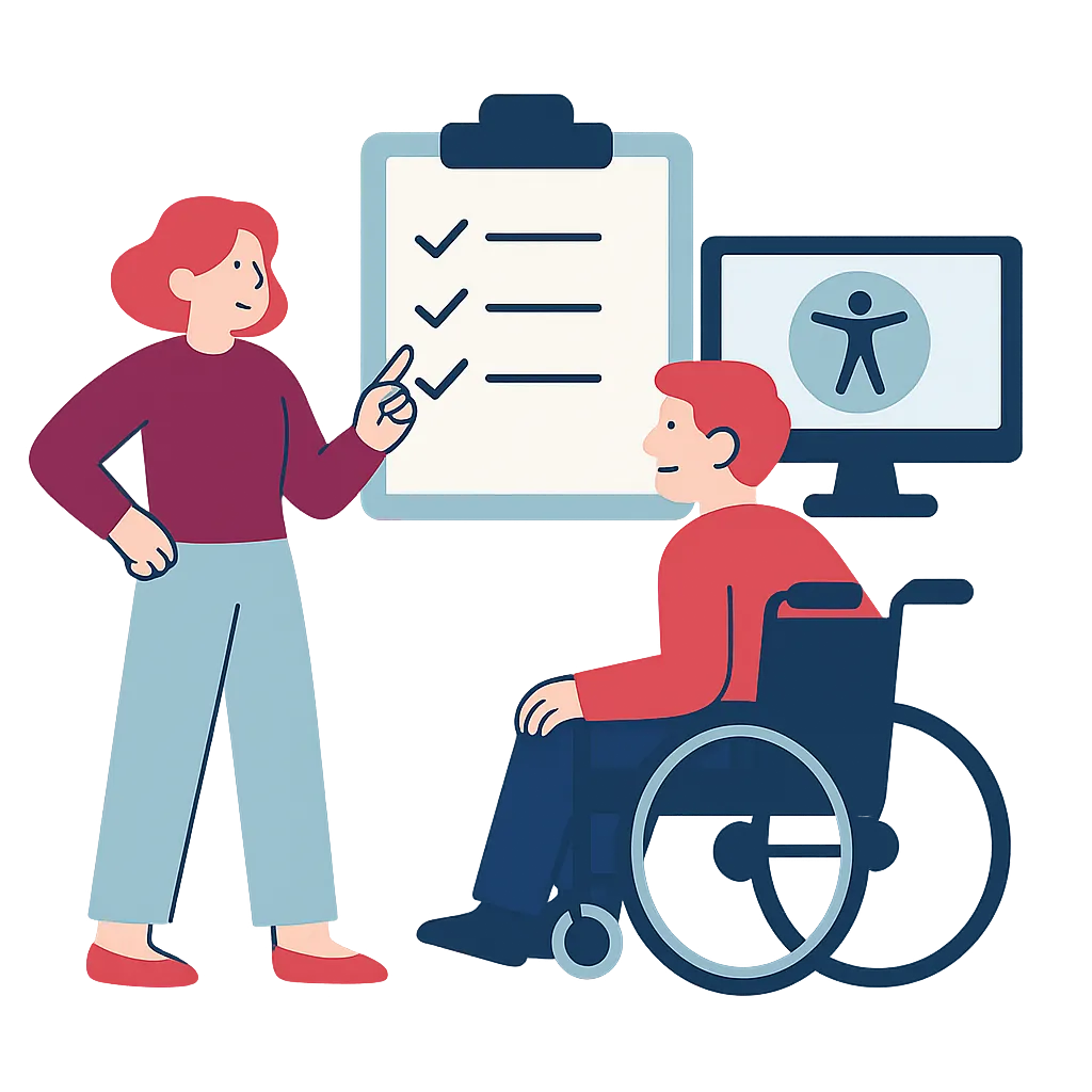 Eine stilisierte Frau mit roten Haaren steht neben einem großen Klemmbrett mit Checkliste und zeigt darauf. Vor ihr sitzt ein Mann im Rollstuhl, der auf einen Monitor mit einem Barrierefreiheitssymbol blickt. Die Illustration ist im flachen Vektorstil gehalten, mit klaren Linien und harmonischen Farben in Rot, Blau und Beige. Der Hintergrund ist transparent.