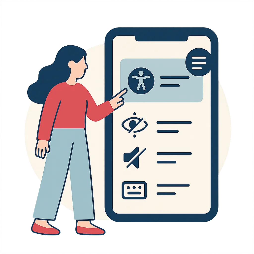 Eine stilisierte Frau mit dunkelblauen Haaren steht neben einem großen Smartphone und tippt auf ein Symbol für Barrierefreiheit. Auf dem Display sind vier verschiedene Optionen für Barrierefreiheit dargestellt, darunter Symbole für Sehbehinderung, Gehörlosigkeit und Tastaturnavigation. Die Illustration ist im flachen Vektorstil gehalten, mit harmonischer Farbgebung in Rot, Blau und Beige. Der Hintergrund ist transparent.